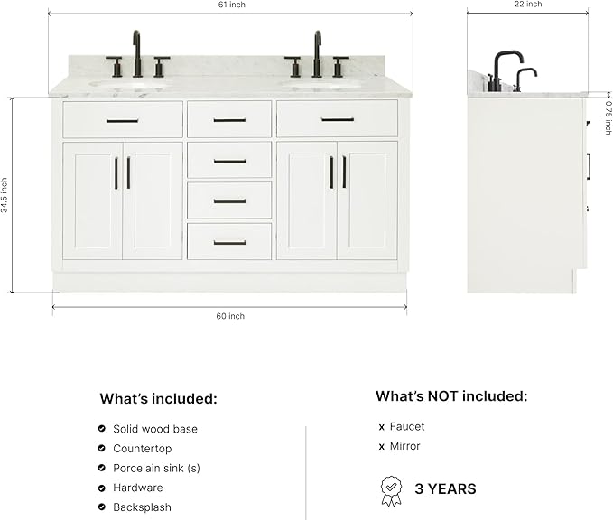 ARIEL Hepburn 60-inch Bathroom Vanity with Sink,Solid Wood, 0.75-inch Italian Carrara Marble Countertop & Backsplash, Double Oval Porcelain Sink, 4 Soft Closing Doors, 6 Dovetail Drawers, White