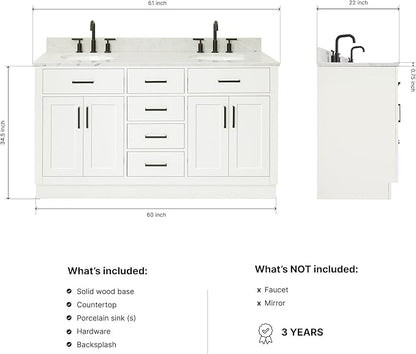 ARIEL Hepburn 60-inch Bathroom Vanity with Sink,Solid Wood, 0.75-inch Italian Carrara Marble Countertop & Backsplash, Double Oval Porcelain Sink, 4 Soft Closing Doors, 6 Dovetail Drawers, White