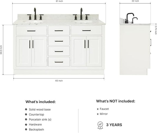 ARIEL Hepburn 60-inch Bathroom Vanity with Sink,Solid Wood, 0.75-inch Italian Carrara Marble Countertop & Backsplash, Double Oval Porcelain Sink, 4 Soft Closing Doors, 6 Dovetail Drawers, White