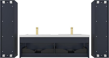 Blossom 60 Inch Double Sink Bathroom Vanity with Side Cabinets, All Wood Wall Mounted Floating Bathroom Vanity Cabinet with Acrylic Sinks, Soft-Close Drawers, Bathroom Vanities, Night Blue