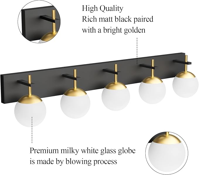Ralbay Mid Century Modern Vanity Lights - 5-Light Milky Glass Globe Modern Bathroom Vanity Lights Over Long Mirror, Black/Golden Bathroom Wall Light Fixture