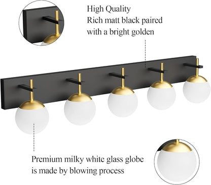 Ralbay Mid Century Modern Vanity Lights - 5-Light Milky Glass Globe Modern Bathroom Vanity Lights Over Long Mirror, Black/Golden Bathroom Wall Light Fixture