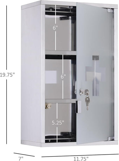 HOMCOM Wall Mounted Medicine Cabinet, Locking Wall Cabinet with 3 Tier Shelves, Stainless Steel Frame and Glass Door, Lockable with 2 Keys, Silver, 12" x 20"
