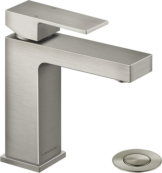 Lava Odoro Single Hole Bathroom Faucet, Brushed Nickel Bathroom Sink Faucet Single Handle Vanity Faucet with Pop up Drain Assembly, Deck Plate Included, BF307-BN
