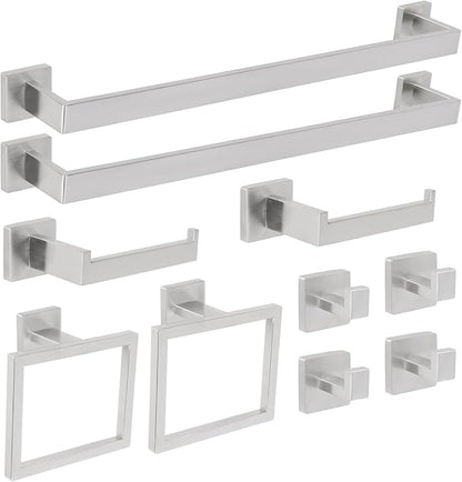 FAHKNS 10 PCS Bathroom Hardware Accessories Set 23.6 Inch Stainless Steel Bath Towel Bar Set Square Towel Ring Set for Bathroom Wall Mounted, Silver