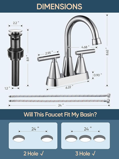 Cobbe Bathroom Faucets for Sink 3 Hole, 4 Inch with Pop Up Drain and 2 Supply Hoses, 2 Handle Centerset Bathroom Faucet for Sink Vanity, Chrome, 2 Pack