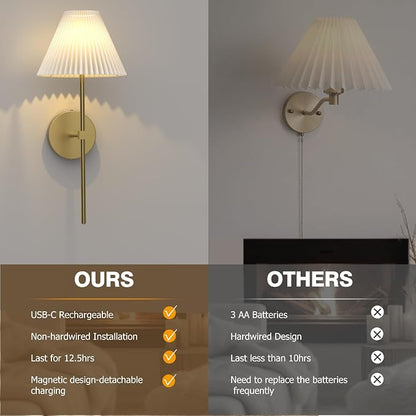 Battery Operated Wall Sconces Set of 2,Gold Rechargeable Wall Lights with Remote,3000mAh Dimmable 3 Timer Magnetic Bulbs,Indoor Wireless Lamps for Bedroom Living Room Hallway Bathroom