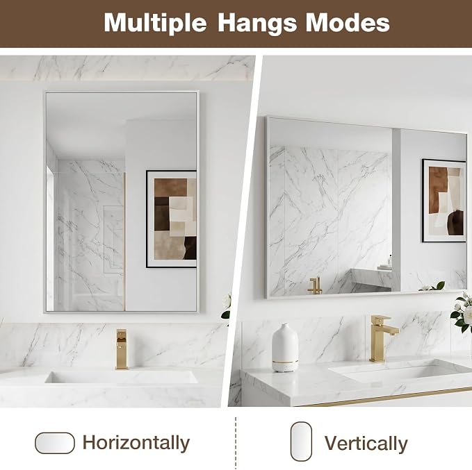 MZON 20" x 30" Brushed Nickel Bathroom Vanity Mirror, Mirror for Over Sink | Aluminum Alloy Frame, Clear Reflection, Rust-Resistant, Vertical or Horizontal, Wall Mount, Bedroom and Entryway
