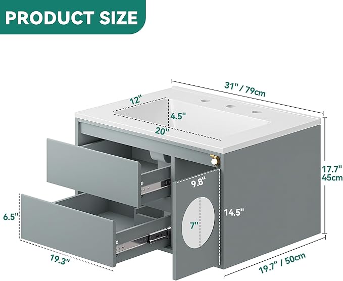 YITAHOME 31 Inch LED Floating Bathroom Vanity with Sink, Bathroom Vanities with Sensor Light, Wall Mounted Bathroom Storage Cabinet with 2 Large Drawers