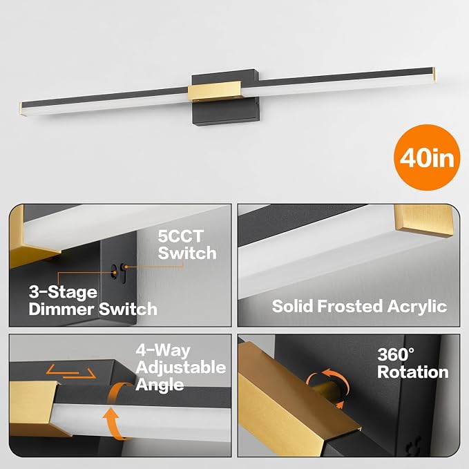SOLFART Bathroom Light Fixtures 40-Inch: Black and Gold 5CCT Dimmable Vanity Lights for Bathroom, Solid Frosted Acrylic, Built-in Dimmer, 360 Degree Rotation, ETL IP44