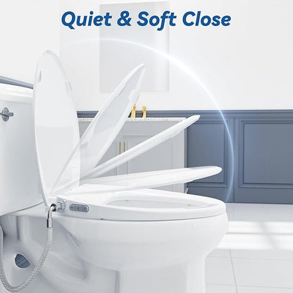 Bidet Toilet Seat, Soft Close Toilet Seat, Button control Feminine/Posterior Wash Switch, Knob Control Water Pressure,White Bidet Seat Attachment with Brass inlet (Elongated-D)