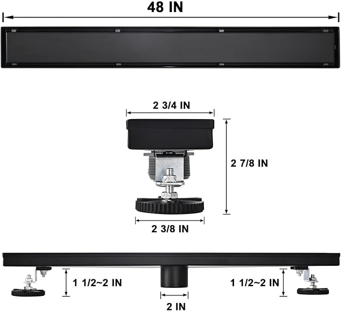 Linear Shower Floor Drain, Black 48 Inch 304 Stainless Steel Bathroom Drains Kit, Rectangular Shower Trench Drain with Reversable Tile-in Pattern Drain Cover & Hair Catcher