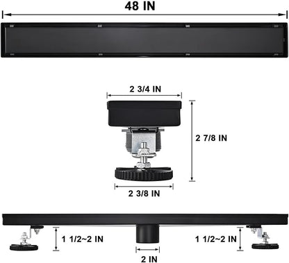 Linear Shower Floor Drain, Black 48 Inch 304 Stainless Steel Bathroom Drains Kit, Rectangular Shower Trench Drain with Reversable Tile-in Pattern Drain Cover & Hair Catcher