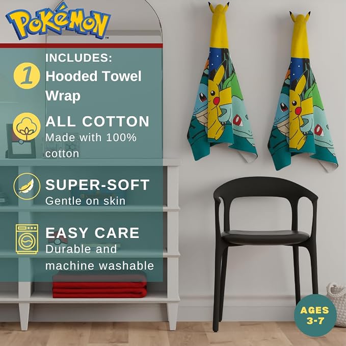 Pokemon Anime Kids Super Soft Bath/Pool/Beach Soft Cotton Terry Hooded Towel Wrap, 24 in x 50 in, (Official Licensed Product) By Franco