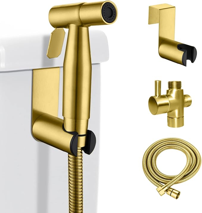 LOSCHEN Bidet Sprayer kit for Toilet,Hand Held Sprayer Shattaf Toilet Attachment Stainless Steel for Pet Bath/Personal Hygiene/Bathroom,Easy to Install with T-Adapter（Gold）