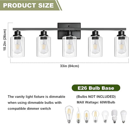 Unicozin Modern Bathroom Light Fixtures, 5 Light Vanity Lights Over Mirror, Black Wall Lamp with Clear Glass for Living Room Cabinet Bedroom Porch