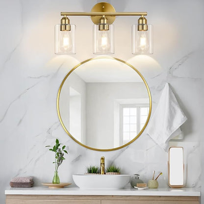 17.3'' Bathroom Gold Vanity Light Fixtures, Modern Wall Lamp for Mirror with Clear Glass Shade, 3-Light