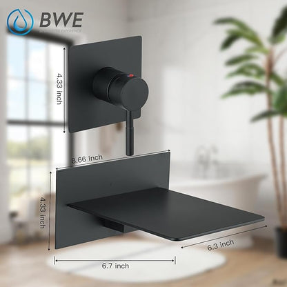 BWE Waterfall Tub Faucet Wall Mount Tub Filler Matte Black High Flow Brass Bathroom Bathtub Faucets with Single Handle