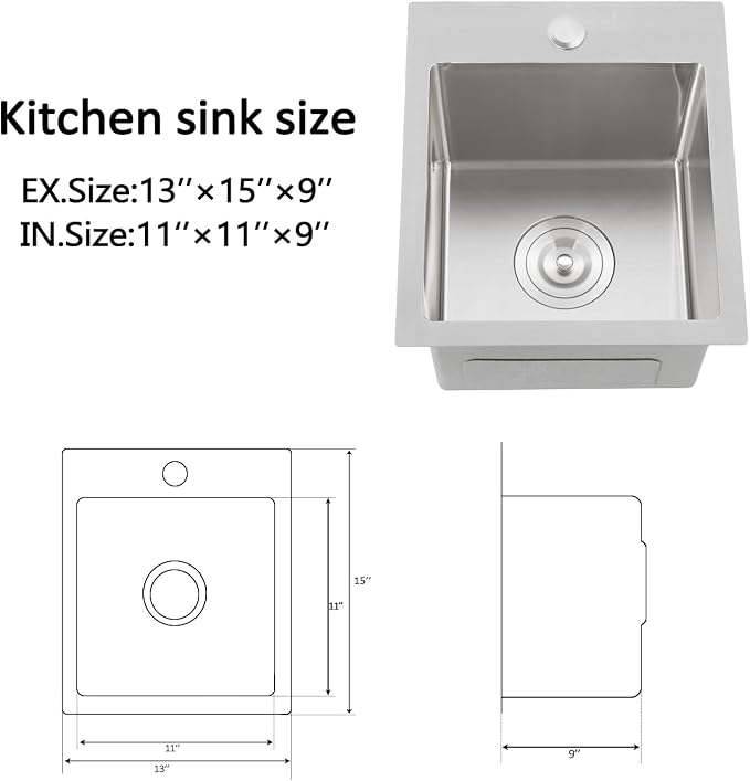 Hotis Drop in Bar Sink, 13x15 Inch Topmount RV Small Kitchen Wet Bar Sink, Stainless Steel Small Kitchen Sinks Brushed Nickel for Laundry Wet Bar Prep RV Office Outdoor Yard