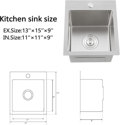 Hotis Drop in Bar Sink, 13x15 Inch Topmount RV Small Kitchen Wet Bar Sink, Stainless Steel Small Kitchen Sinks Brushed Nickel for Laundry Wet Bar Prep RV Office Outdoor Yard