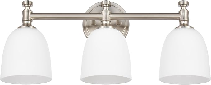 Bathroom Vanity Light, 3-Light Bathroom Light Fixtures Over Mirror, Traditional Vanity Lights for Living Room, Milk White Bell Glass Shades, Standard E26 Base, Brushed Nickel