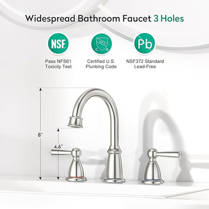 CREA 2 Handles Bathroom Faucet 3 Hole,8 Inch Widespread Bathroom Faucets with Pop Up Drain for Sink Overflow,3 Pieces Brushed Nickel Faucet for Bathroom Vanity Basin Mixer Tap(cPUC Supply Line)