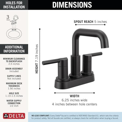 Delta Nicoli Centerset Matte Black Bathroom Faucet, 4 Inch 3 Hole Bathroom Sink Faucet for Vanity, Push-Pop Drain Assembly, Matte Black 25849LF-BL