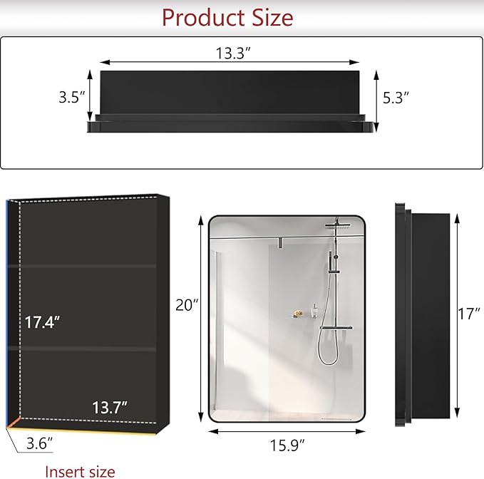 16x20 inch Black Medicine Cabinet with Mirror Farmhouse Metal Framed Cabinet Surface or Recessed Installation Rounded Rectangle Bathroom Medicine Cabinet