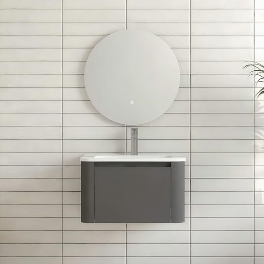 Floating Bathroom Vanity with Sink, Nature Soild Wood Cabinet with Ceramic Basin, Extra Large Storage Drawer & Pre-Assembled Vanities for Bathroom, Powder Room (Grey A Style, 24")