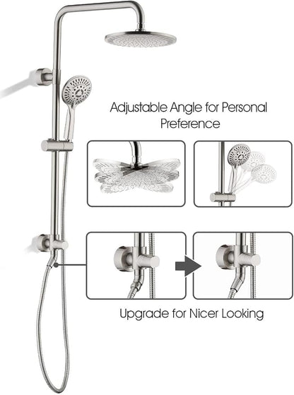 BRIGHT SHOWERS Rain Shower Heads System - 9 Inch Rainfall Shower Head and Handheld Shower Head with Height Adjustable Holder, Solid Brass Rail and 60" Long Stainless Steel Shower Hose, Brushed Nickel