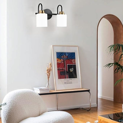 Modern Matte Black and Gold Bathroom Vanity Light Fixtures 2 Lights Milky Glass Wall Sconce Light Modern Vanity Lights Over Mirror(Exclude E26 Bulb)