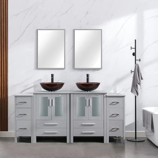 eclife 72" Modern Bathroom Vanity Sink Combo Freestanding Cabinet with Small Side Cabinet, Brown Round Glass Vessel Sink, Water Save Faucet, Drain (Gray+A09)