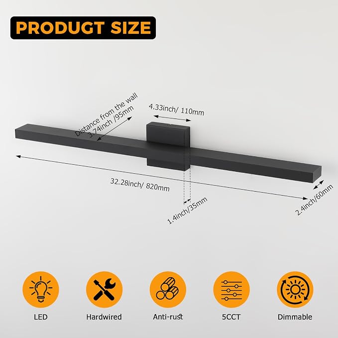 Black Vanity Light for Bathroom Dimmable 5CCT Bath Light Fixtures | Modern Vanity Light Bar 32.28 inch LED Wall Lamp