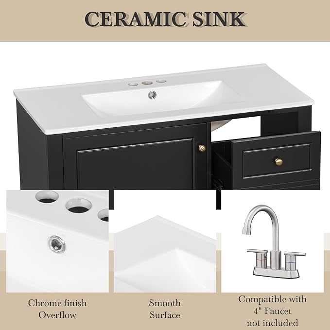 36" Vanity with Sink, Bathroom Vanities 36 Inch with Sink, Single Sink Bathroom Vanity with Door Shelf and Three Drawers, Restroom Vanity with Sink Top (Black)