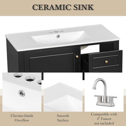 36" Vanity with Sink, Bathroom Vanities 36 Inch with Sink, Single Sink Bathroom Vanity with Door Shelf and Three Drawers, Restroom Vanity with Sink Top (Black)