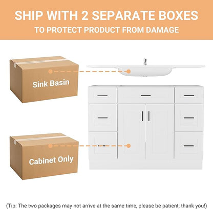Large 48 Inch Bathroom Vanity with Ceramic Sink and 6 Soft-Close Drawers, Spacious White Cabinet with Thickened Construction