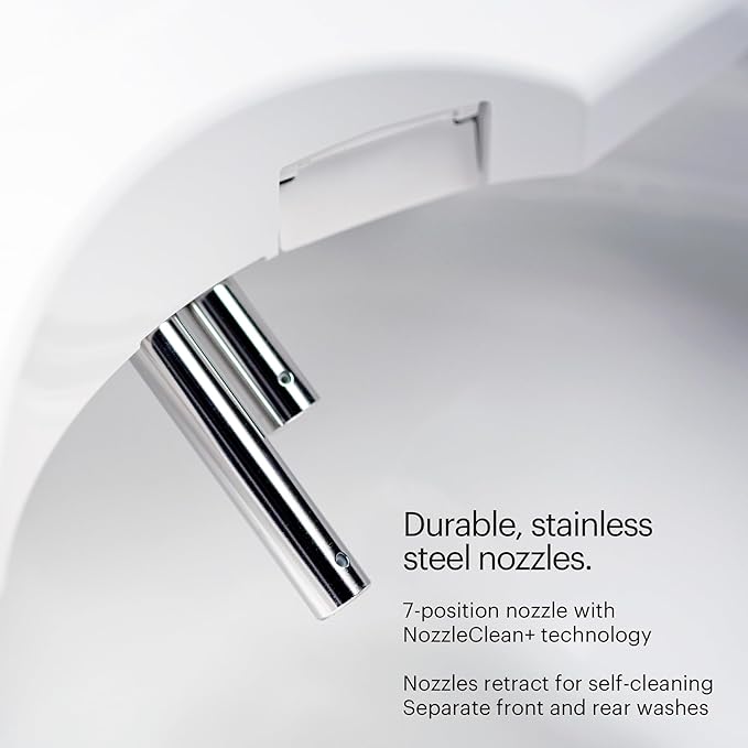 Brondell Bidet Toilet Seat S1400, Smart Toilet Seat, Dual Stainless-Steel, Self-Cleaning Nozzle With Clean Plus Technology, Endless Warm Water Bidet, Warm Air Dryer-Nightlight, Heated Seat, Round
