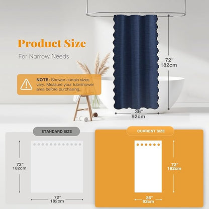 BTTN Boho Stall Shower Curtain, 36 Inch Small Scalloped Linen Textured Heavy Duty Fabric Shower Curtain Set with 6 Hook, Small Elegant Vintage Country Waterproof Cloth Bath Curtains, Navy Blue, 36x72