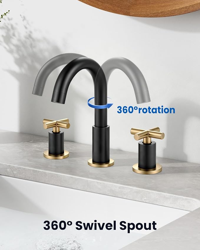 gotonovo 8’’ Widespread Bathroom Sink Faucet 3 Hole Black & Brushed Gold | Bathroom Faucet Vanity,6-16’’ Sink,Basin,RV,Lavatory,2 Cross Handle,SUS304,360° Swivel Spout,24’’ cUPC Hose,Pop Up Drain