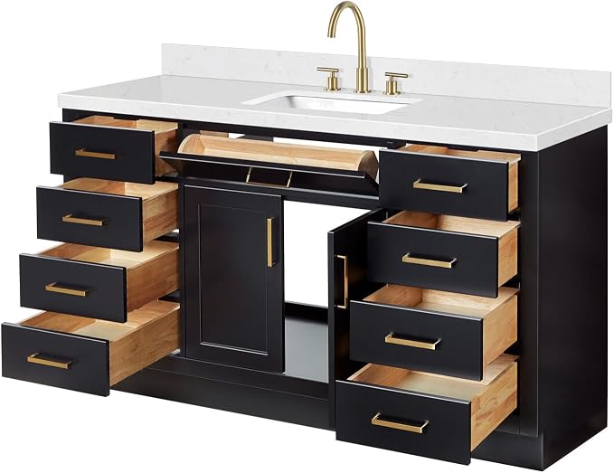 ARIEL Hepburn 60-inch Bathroom Vanity with Sink,Solid Wood, 1.5-inch Carrara White Quartz Countertop & Backsplash, Single Rectangular Porcelain Sink, 2 Soft Closing Doors, 9 Dovetail Drawers, Black