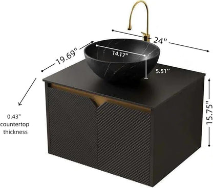 24" Bathroom Vanity with Sink, Wall-Mounted Bathroom Vanity with Black Bowl Ceramic Vessel Basin, Modern Plywood Floating Vanity with Twill Double Doors, Bathroom Storage Cabinet, Black