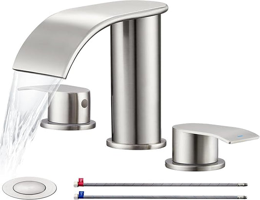Ultimate Unicorn 8 inch Bathroom Faucet Brushed Nickel, Waterfall Bathroom Faucet with Metal Pop-up Sink Drain Stopper and 2 Supply Hoses,2 Handle Widespread Faucets for Vanity Sink 3 Holes