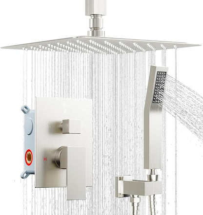 Shower System Shower Faucet Set, STARBATH 10" Ceiling Mount Rain Shower Head and Handheld Spray for Two Person, Rainfall Shower System with Diverter Valve and Trim Kit Complete,Brushed Nickel
