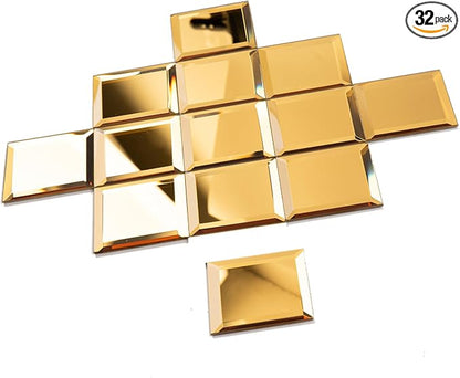 Peel and Stick Mirror Backsplash, Gold, 3x3 Inch, Beveled Mirror Square Kitchen Bar Wall Tile (2 Sq.ft, 32 Pcs)