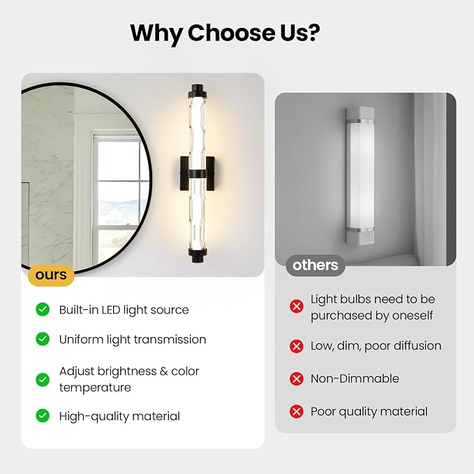 23.6" Black Wall Sconce, Modern Bathroom Vanity Light with Ripple Glass Shade, 5CCT Dimmable LED Wall Lighting 20W for Bedroom, Living Room, Hallway