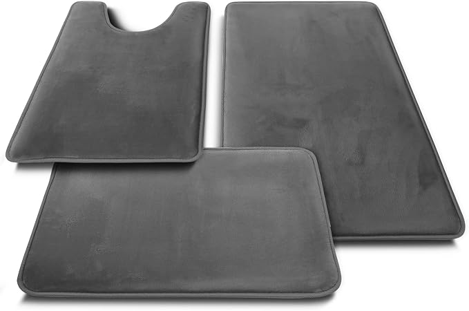 Clara Clark 3 Piece Bathroom Rugs Bath Mat Set, Velvet Memory Foam Bath Mats for Bathroom - Non-Slip, PVC Backing Bath Rugs, Washable - Dries Quickly, Grey