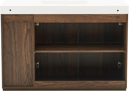 48" Bathroom Vanity with Sink, Freestanding Single Sink Bathroom Vanity with White Engineered Stone Top & Open Side Storage, Soft-Closing Doors with Adjustable Shelf, Walnut