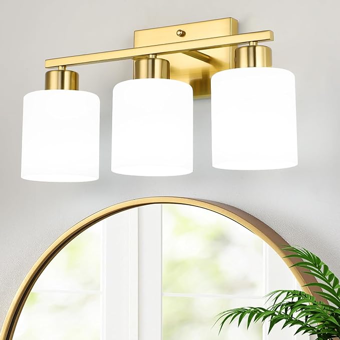 WILON 3-Light Brushed Gold Bathroom Lighting Fixtures Over Mirror, Modern Vanity Light with Milk White Glass Shades, Antique Brass Wall Lamp with E26 Bases