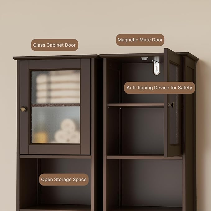 Gizoon Tall Bathroom Storage Cabinet | Freestanding Linen Cabinet with Two-Way Doors, Adjustable Shelves, for Home, Kitchen, Living Room, Dark Brown
