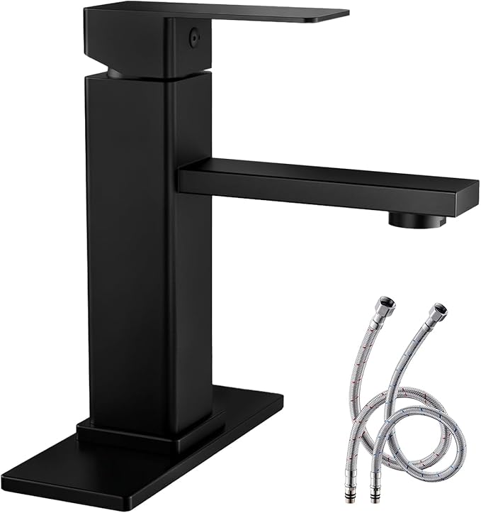 Black Bathroom Faucet Single Hole with Pop-Up Drain | Single Handle Bathroom Sink Faucet with Deck Plate, Suitable for RV, Farmhouse, Vanity Sinks, 1 or 3 Hole Installation
